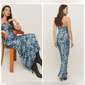 NWT Reformation Parma 100% Silk Maxi Dress - Bliss Blue Black Floral Dress